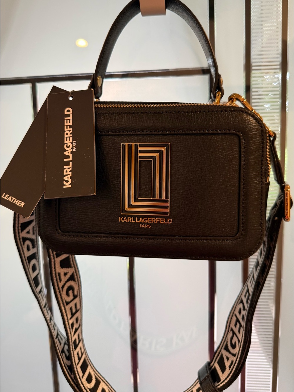 Karl Lagerfeld Black Leather Box Crossbody with Branded Strap